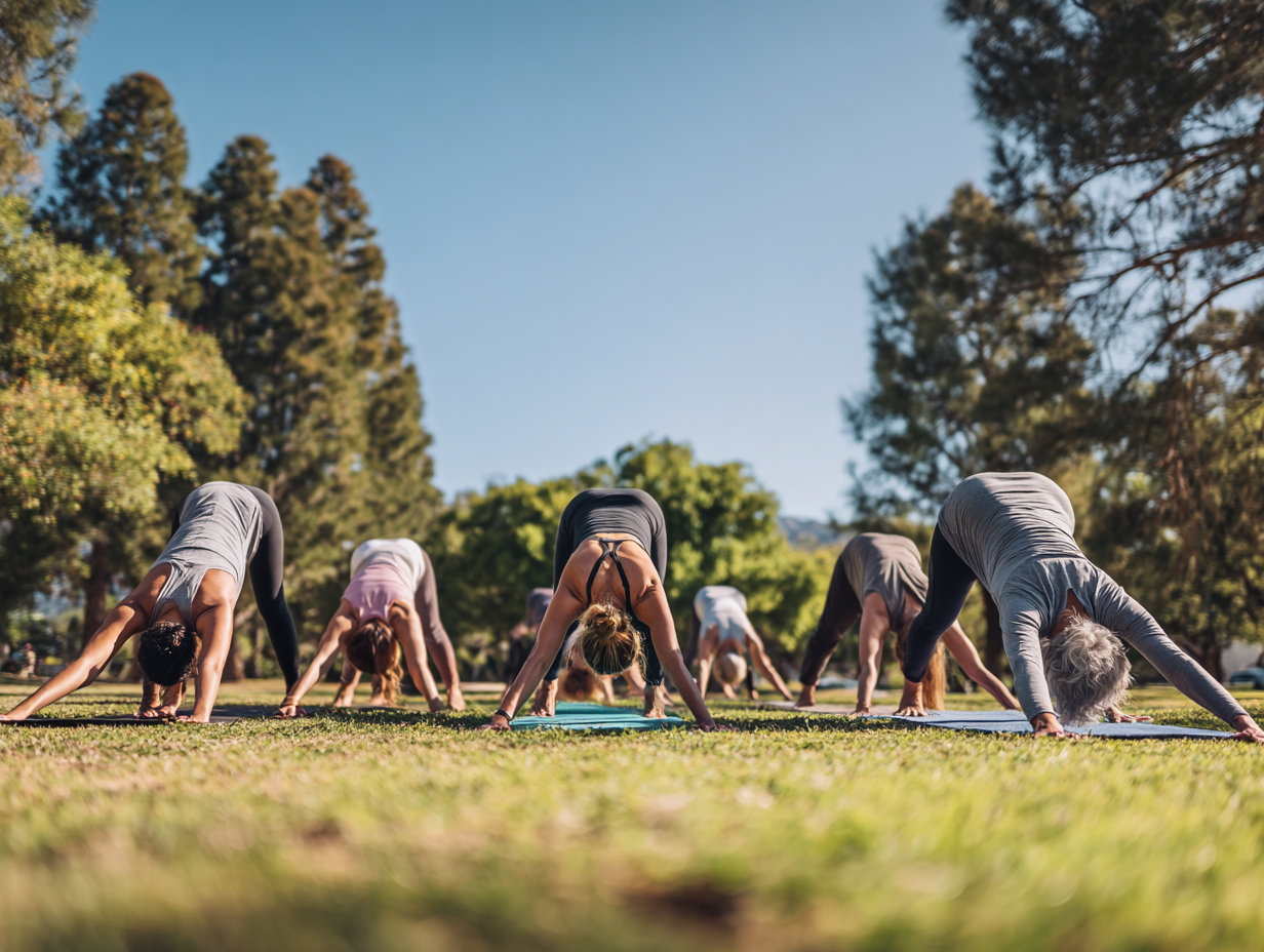 Сімейна йога - мама та дитина виконують асани разом на природі